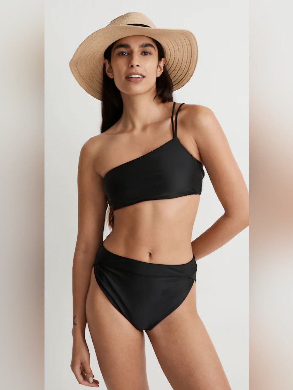 NWT Madewell TOP ONLY Double Strap One Shoulder Black Bikini Top MEDIUM